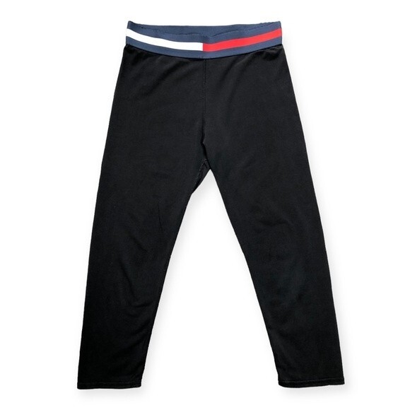 Tommy Hilfiger Sport Black Flag Band Elastic Waist Cropped Leggings - Picture 1 of 6